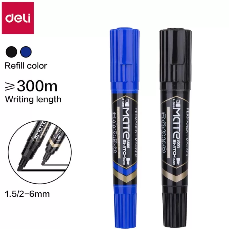 Cheap SOC DELI Water Proof Permanent Marker 2pcs/Lot Bullet Tip 1.5mm Chisel Tip 1-6mm ES555 Office Supplies Dual Tips Permanent Markers